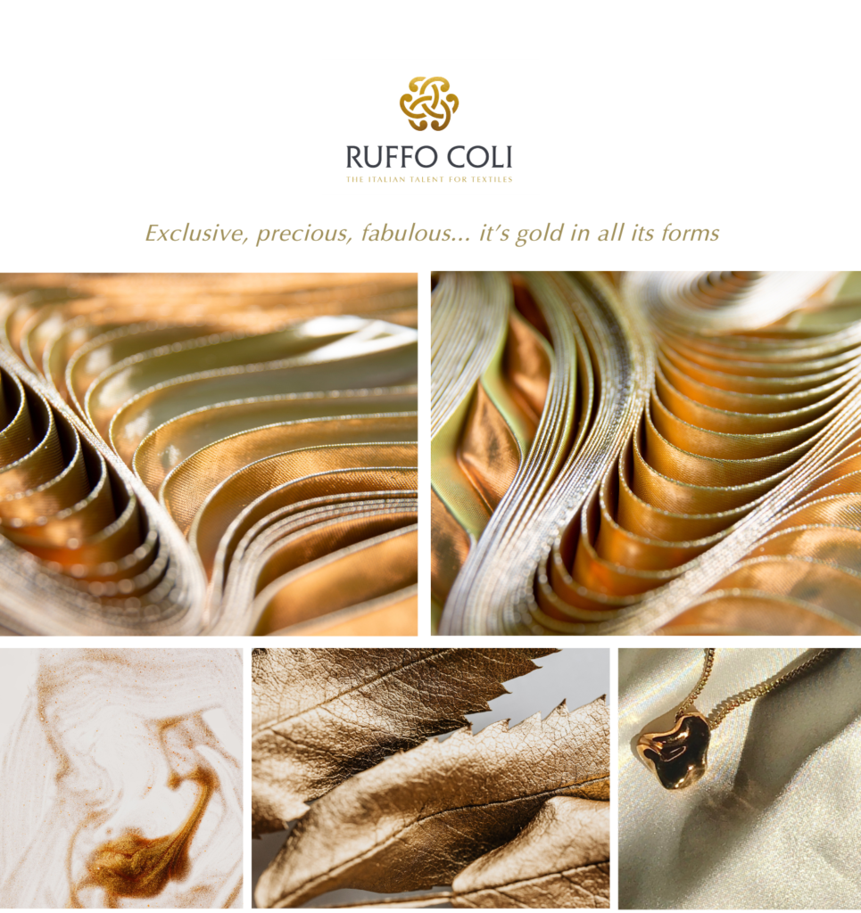 luxury; couture collection; Ruffo Coli Tessuti; textiles; fabrics: Lago di Como; Made in Italy; gold; pleated